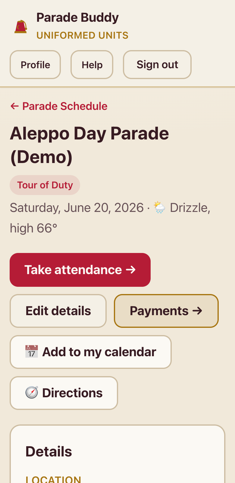 App screenshot: Every parade detail